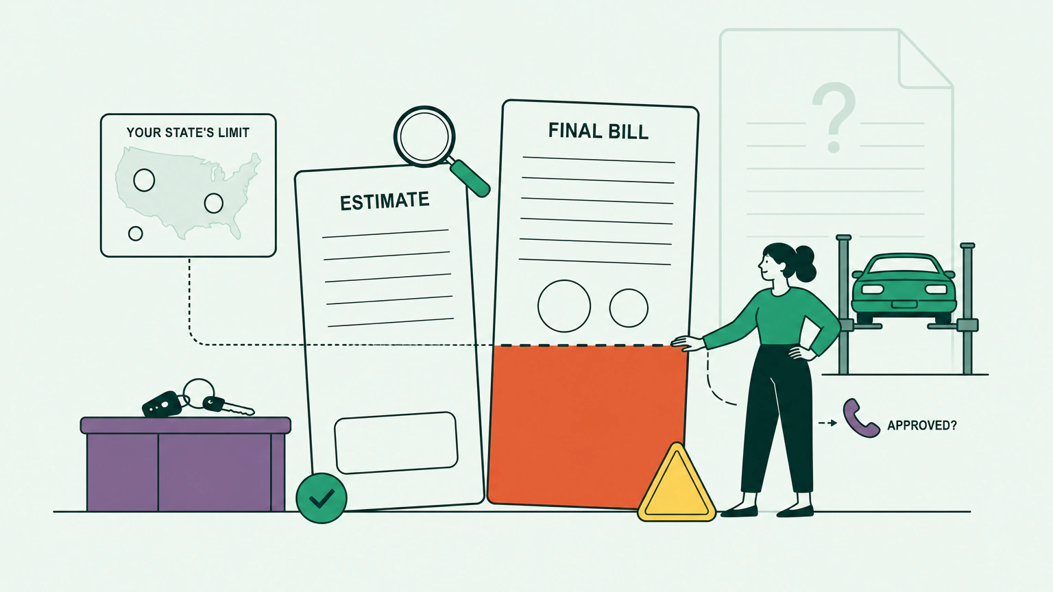 Flat vector illustration of two paper estimates standing side by side, the taller final bill shaded above a dashed line marking where the shorter estimate ended, a woman resting one hand on that line as if measuring it, a car on a two-post lift behind them, and a small US map card connected to the line by a dotted thread.