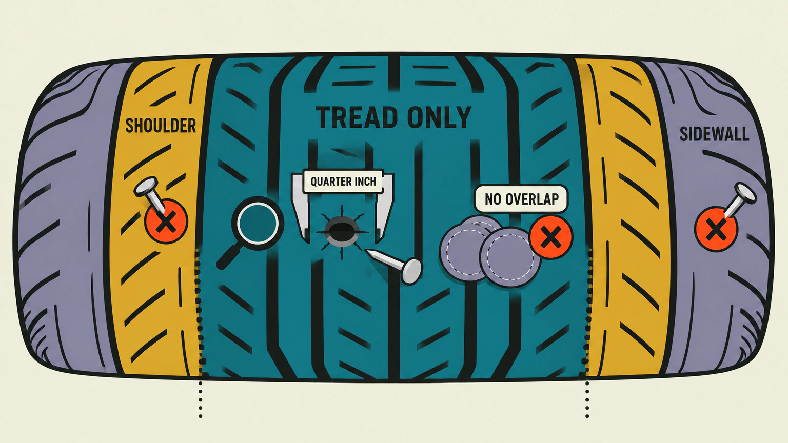 A tire seen head on with the central tread marked TREAD ONLY. Shoulder and sidewall punctures and overlapping repair patches are crossed out. A caliper marks a quarter inch maximum injury diameter.
