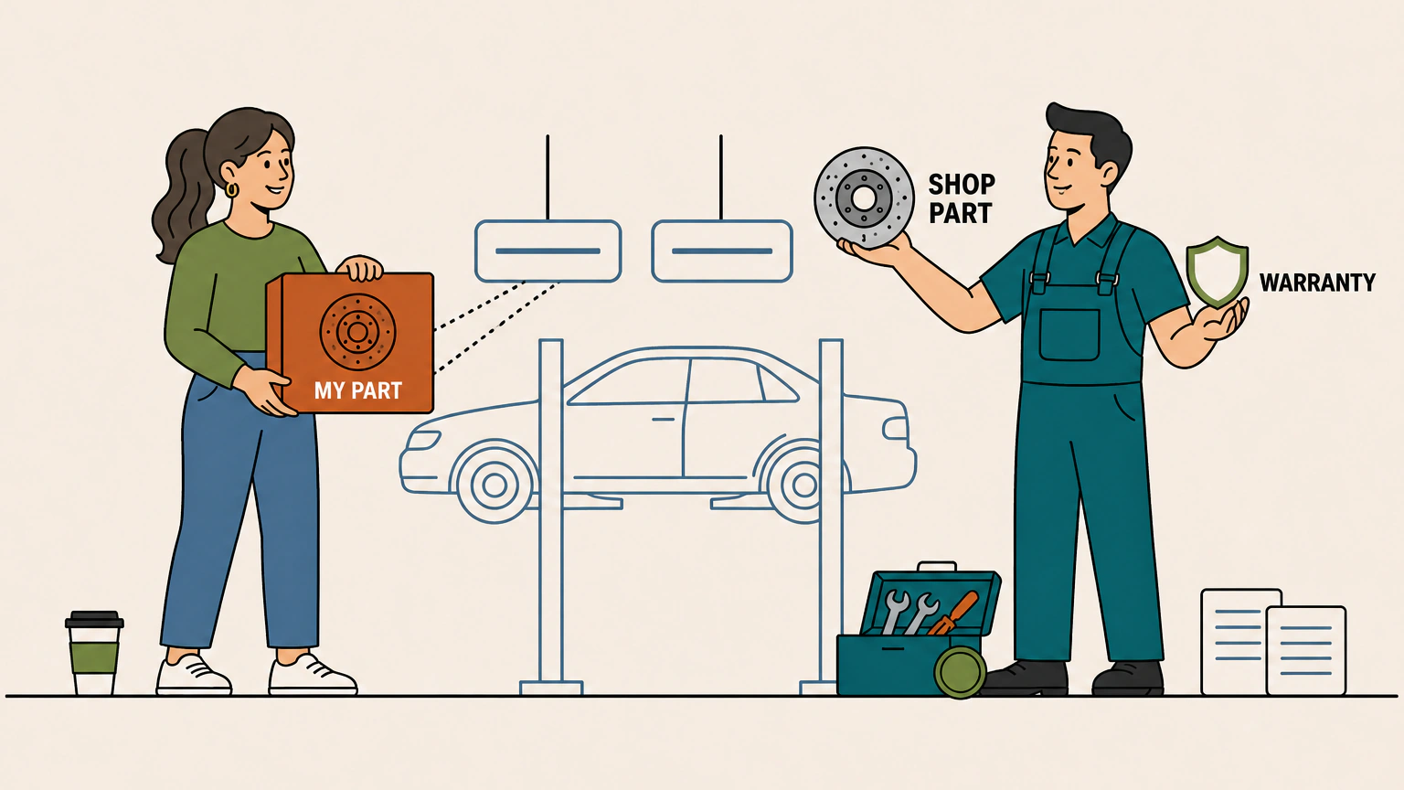 Flat illustration of a driver holding a boxed brake disc facing a technician who holds an identical disc and a warranty shield, with two blank hanging tags between them and a car on a two-post lift in the background.