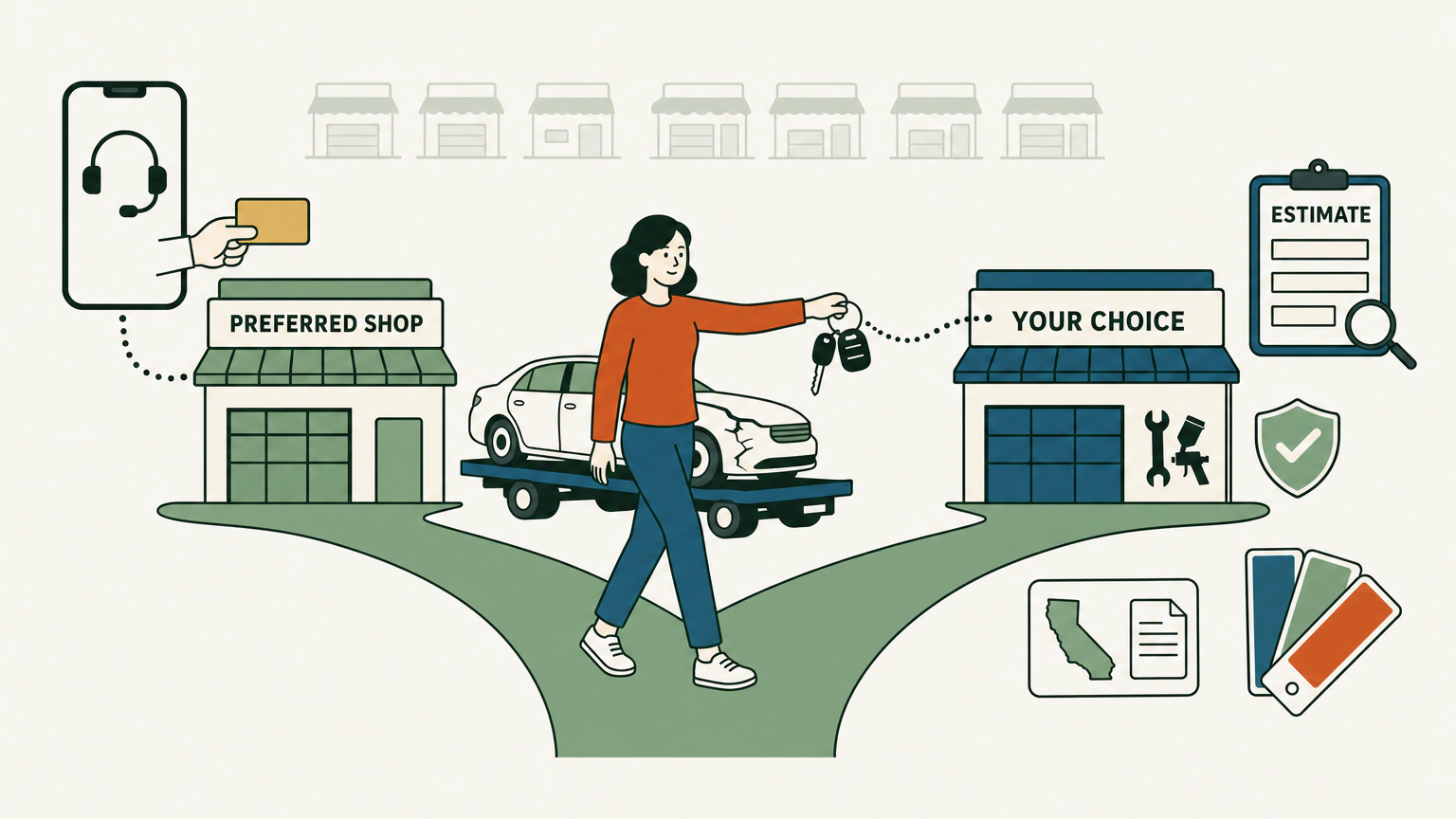 Flat vector illustration of a car owner holding keys at a fork in the road between two body shops. On the left, a floating phone screen with a headset icon hands over a card labeled PREFERRED SHOP. On the right, she steps toward a shop front under a banner reading YOUR CHOICE. Her lightly damaged sedan sits on a flatbed behind her, beside a floating clipboard labeled ESTIMATE.