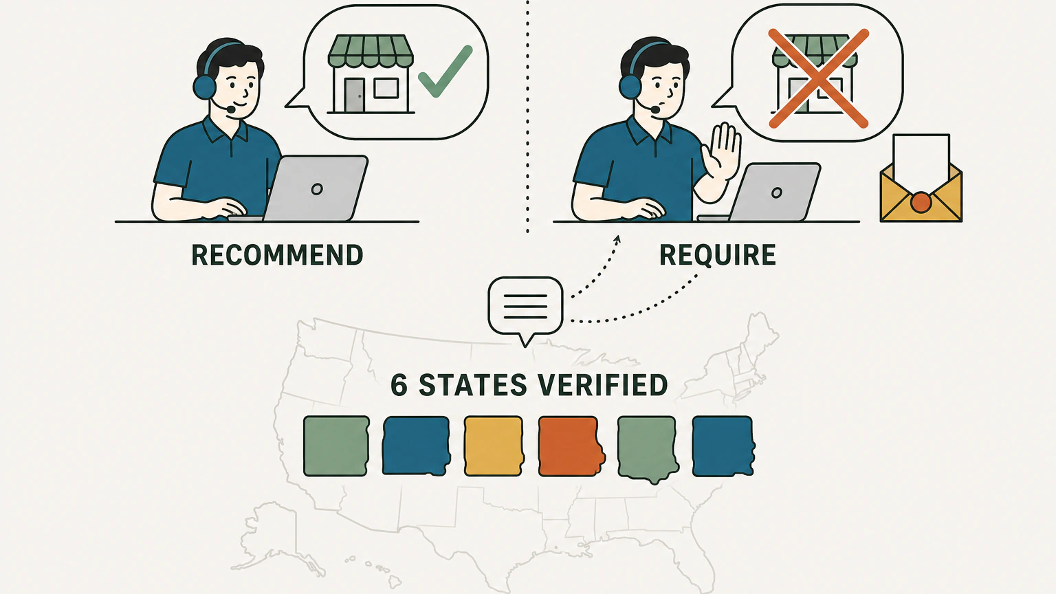 Flat vector two-column comparison. On the left, a headset-wearing insurance adjuster sits beside a speech bubble holding a shop-front icon and a large green check mark, under the label RECOMMEND. On the right, the same adjuster raises a hand in a stop gesture beside an identical shop-front icon crossed out with a bold X, under the label REQUIRE. Below both columns, a row of six blank state-shaped badges sits over a pale outline map of the United States, under the label 6 STATES VERIFIED.