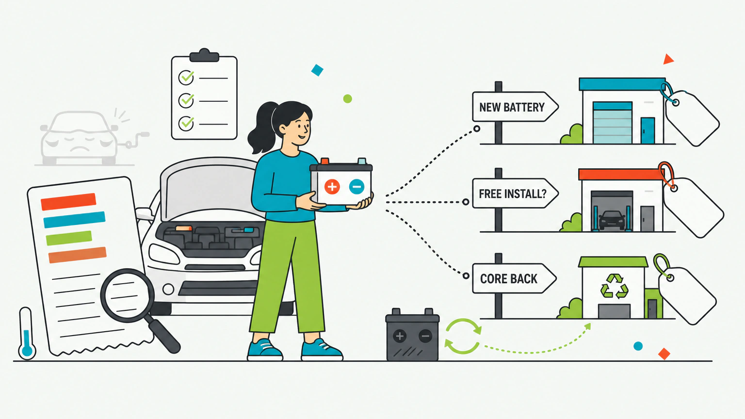 Flat vector illustration of a car owner holding a new battery in front of an open hood, facing three signposted lanes that each end at a small building with a blank hanging tag, beside a floating receipt card showing four stacked bars for the battery, the labor, the deposit and the state fee.
