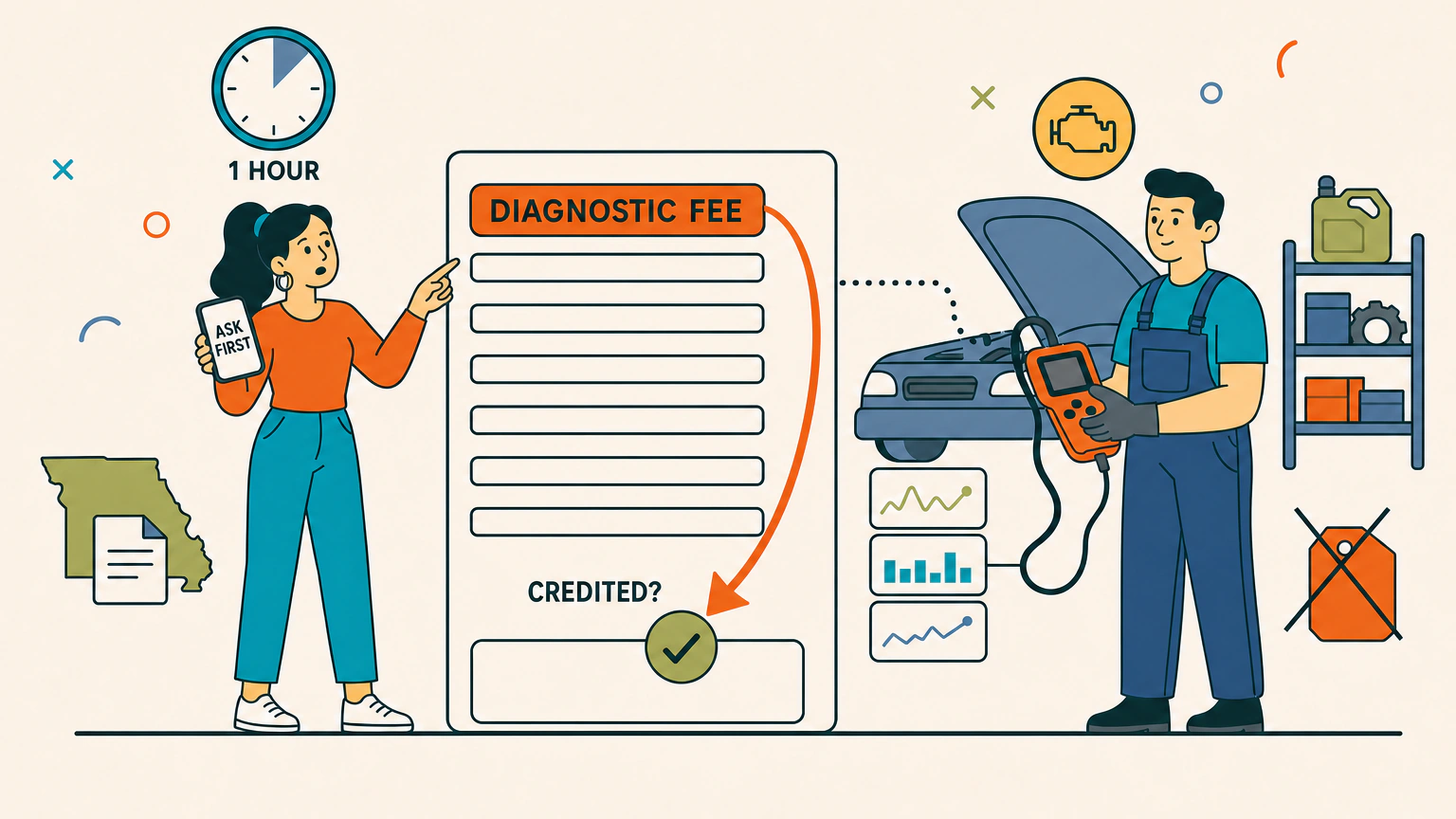 Flat vector illustration of a repair invoice card with blank ruled lines and its top line item highlighted in a rounded pill, a woman on the left holding a phone and pointing at that line, a technician on the right holding a scan tool wired to a car hood silhouette, and a bold curved arrow looping from the highlighted line down into the invoice total with a small checkmark badge where it lands.