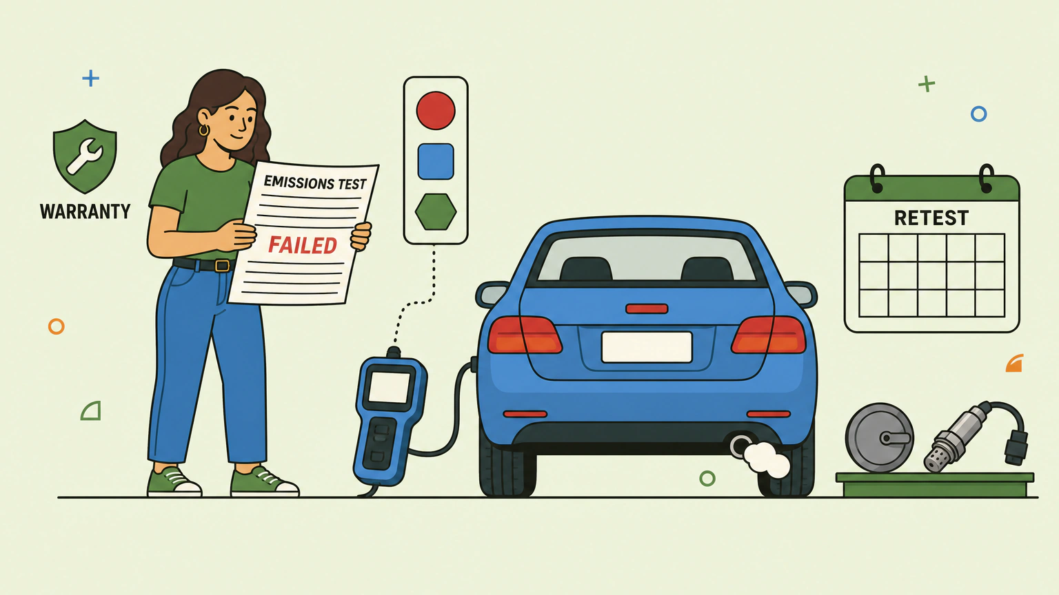 Flat vector illustration of a woman holding a large printed emissions inspection report beside a compact sedan, with a scan tool plugged in under the dashboard, a blank status panel above the report, a shield-and-wrench warranty badge, a blank calendar card for the retest window, and a gas cap and oxygen sensor resting on a ledge as two common suspects.
