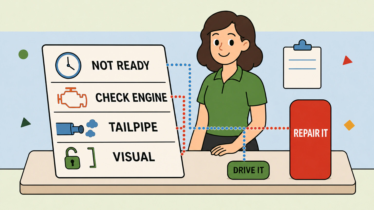 Flat vector illustration of one large inspection report lying on a service counter, its four result rows marked NOT READY, CHECK ENGINE, TAILPIPE and VISUAL, with a dotted line running from the NOT READY row to a small chip labeled DRIVE IT and a second dotted line running from the other three rows to a tall chip labeled REPAIR IT.