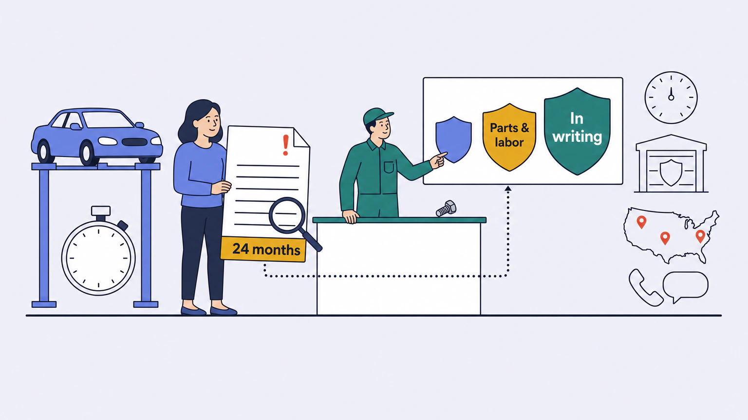Flat vector illustration of a woman at a repair shop counter holding a printed invoice with a highlighted line reading "24 months," while a technician behind the counter points to a wall board of three shield badges of increasing size. A stopwatch, a blank odometer dial, a magnifying glass over the fine print, a small US map with three pins and a phone handset icon surround the scene.