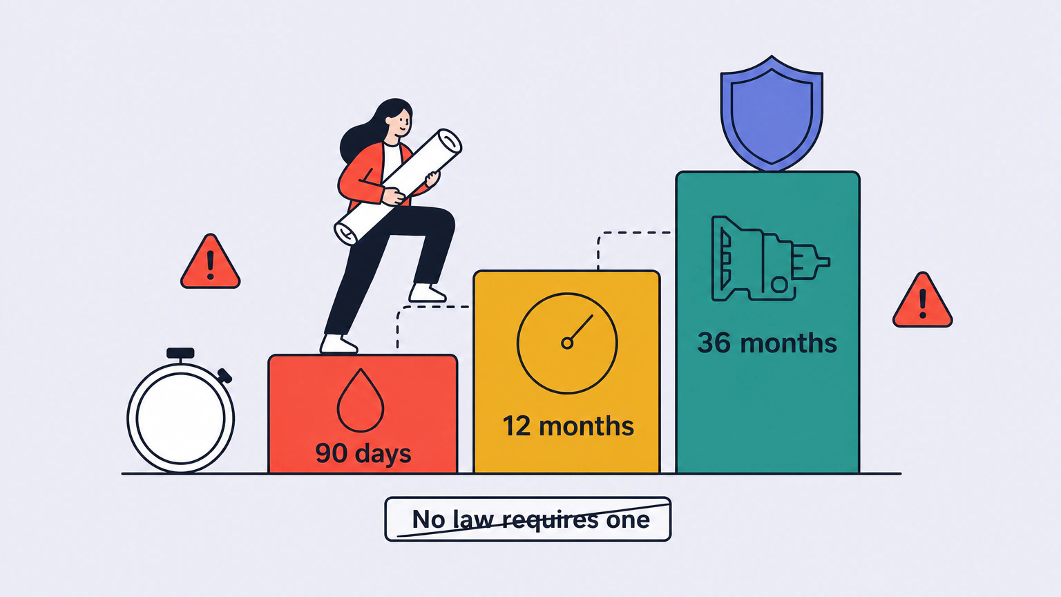 Flat vector illustration of a three-step staircase rising left to right, the steps labeled "90 days," "12 months" and "36 months," with an oil-drop icon on the lowest step, a blank odometer dial on the middle step and a gearbox silhouette with a shield badge at the top. A small figure climbs the steps carrying a rolled invoice, two warning triangles float alongside, and a struck-through chip on the baseline reads "No law requires one."