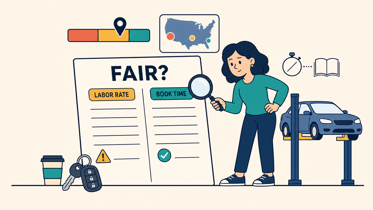 Flat vector illustration of a woman holding a magnifying glass over the billed-hours line of a large repair estimate, with a shop lift, a bar-range chart, a US map card and a crossed-out stopwatch paired with an open labor guide beside her.
