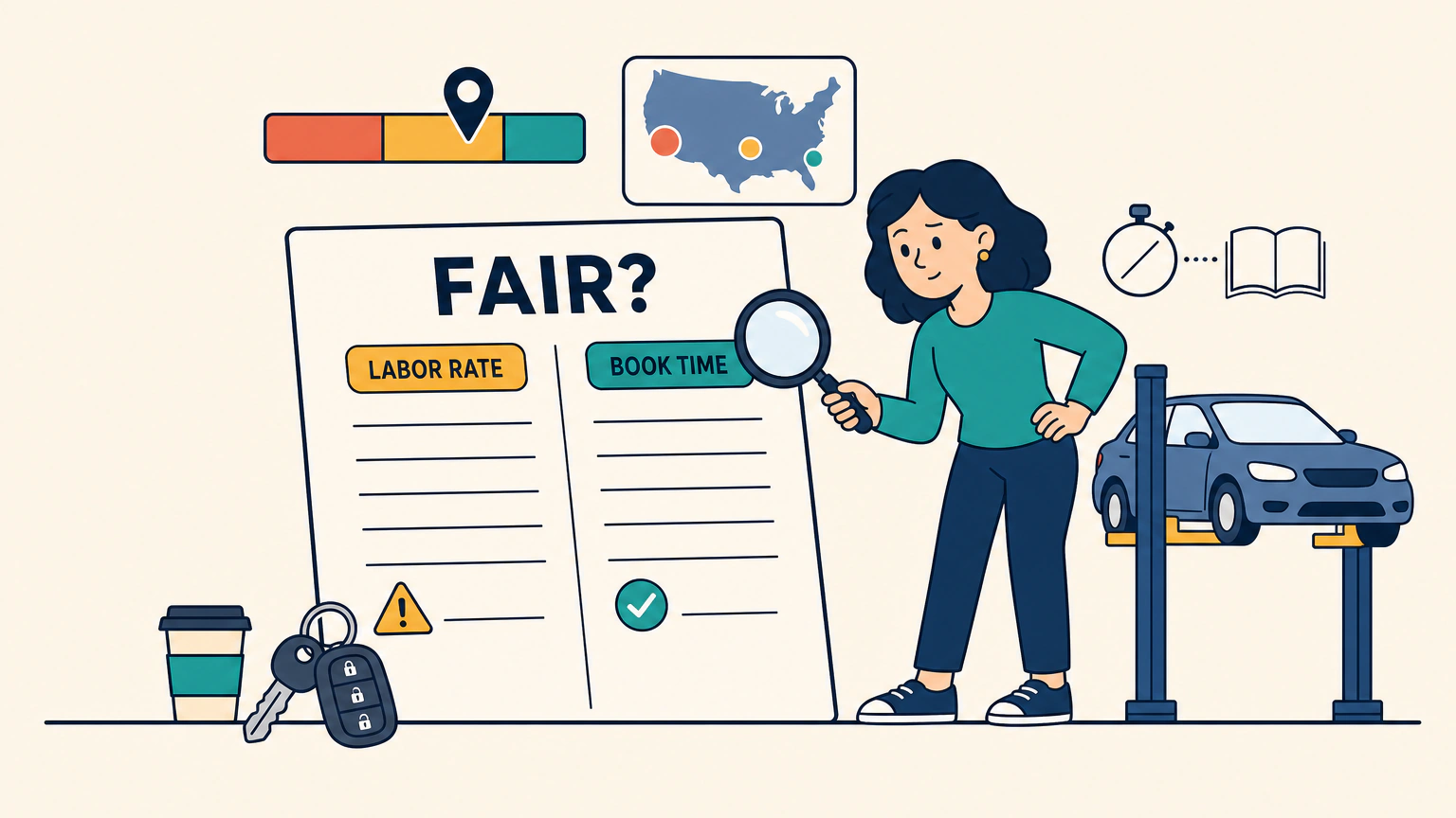 Flat vector illustration of a woman holding a magnifying glass over the billed-hours line of a large repair estimate, with a shop lift, a bar-range chart, a US map card and a crossed-out stopwatch paired with an open labor guide beside her.