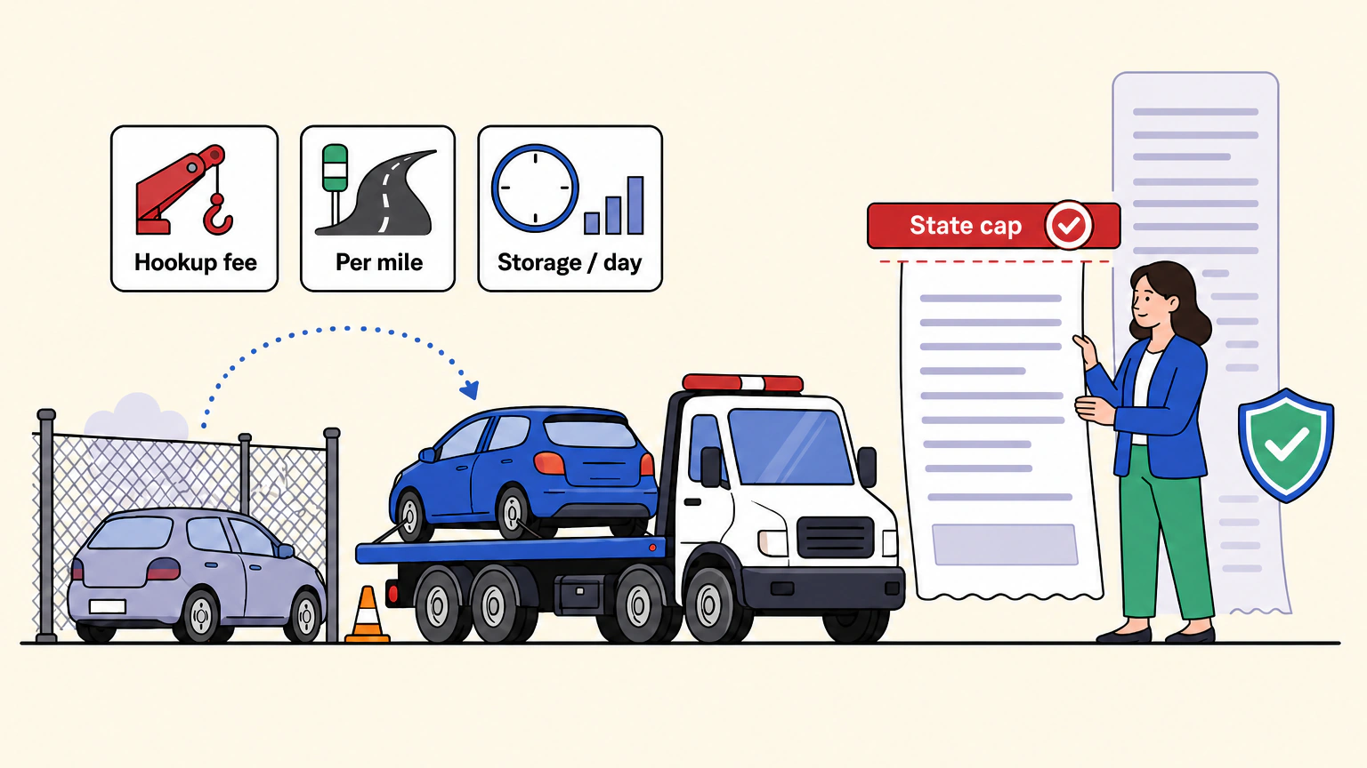 Flat vector illustration of a flatbed tow truck carrying a small hatchback, with a woman holding a long paper invoice whose total bar stops just beneath a wide horizontal cap bar, a fenced tow yard corner on the left, and three small cards labeled Hookup fee, Per mile and Storage / day.