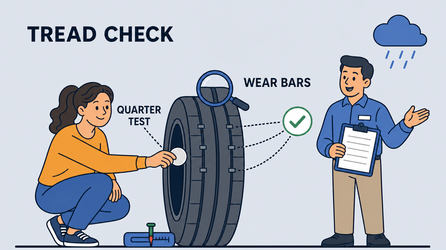 Flat vector illustration of a woman crouching beside a car wheel and holding a blank coin against the tread while a service advisor with a clipboard explains, with labels reading TREAD CHECK, QUARTER TEST and WEAR BARS and a rain cloud above.