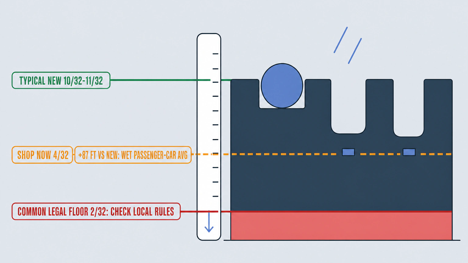 Flat vector cross-section of a tire tread beside a vertical depth ladder, with four marked wear lines labeled NEW 10/32, SHOP NOW 4/32, LEGAL FLOOR 2/32 and +87 FT WET showing how little rubber separates a new tire from a worn one.