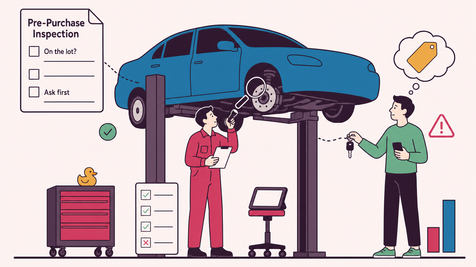 Flat vector illustration of a blue sedan raised on a two-post shop lift, a technician in red coveralls beneath it holding a flashlight and a clipboard, a magnifying glass over one brake rotor, a buyer on the right holding car keys and a phone with a thought cloud showing a blank price tag, and a paper form in the upper left headed "Pre-Purchase Inspection" with the lines "On the lot?" and "Ask first" above blank rules.