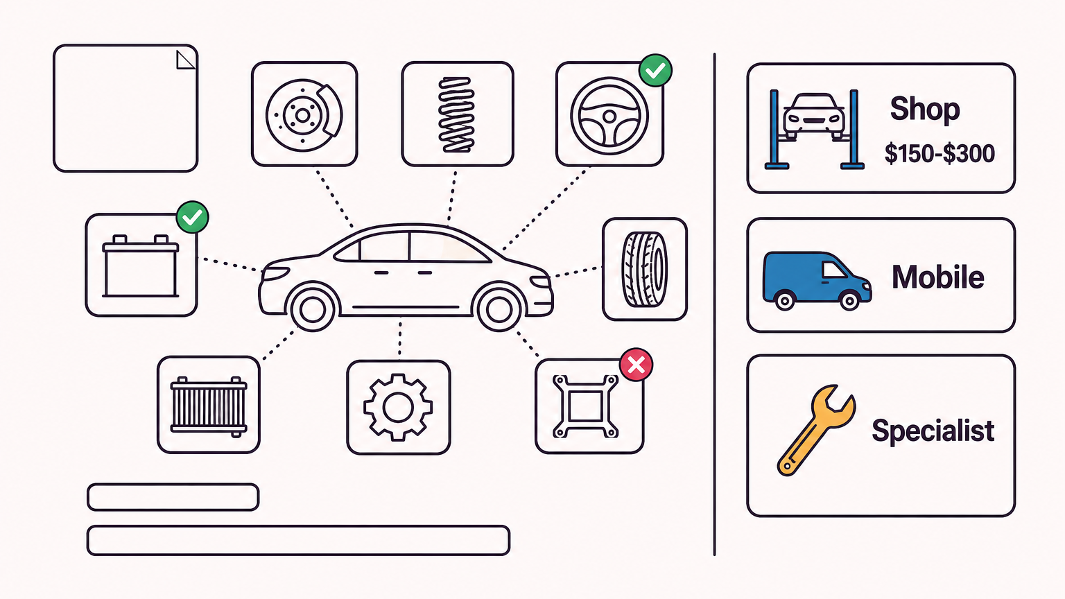 Flat vector infographic with a car silhouette in outline at the center, eight icon nodes joined to it by dotted lines showing a brake rotor, a coil spring, a steering wheel, a tire, a battery, a radiator, a transmission gear and a frame bracket, three of them badged with a green check or a red cross, and a column of three price cards on the right reading "Shop" with "$150-$300", then "Mobile", then "Specialist".