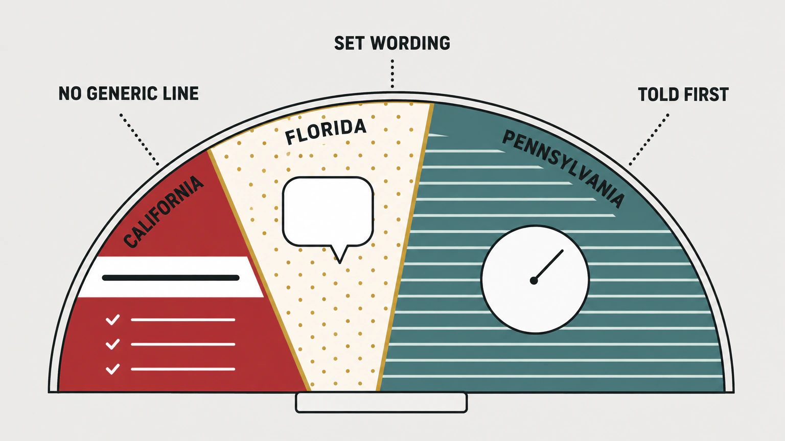 Flat vector illustration of a wide half-circle fan resting on a short plinth, split into three wedges of different widths. The narrow left wedge is a solid field crossed by one thick bar, labeled California, with "generic line banned" outside the arc. The wider middle wedge is a dotted outline holding an empty speech bubble, labeled Florida, with "set wording" outside it. The widest right wedge is filled with bold stripes and holds a blank clock face, labeled Pennsylvania, with "told first" outside it. Short dotted leader lines link each wedge to its label.