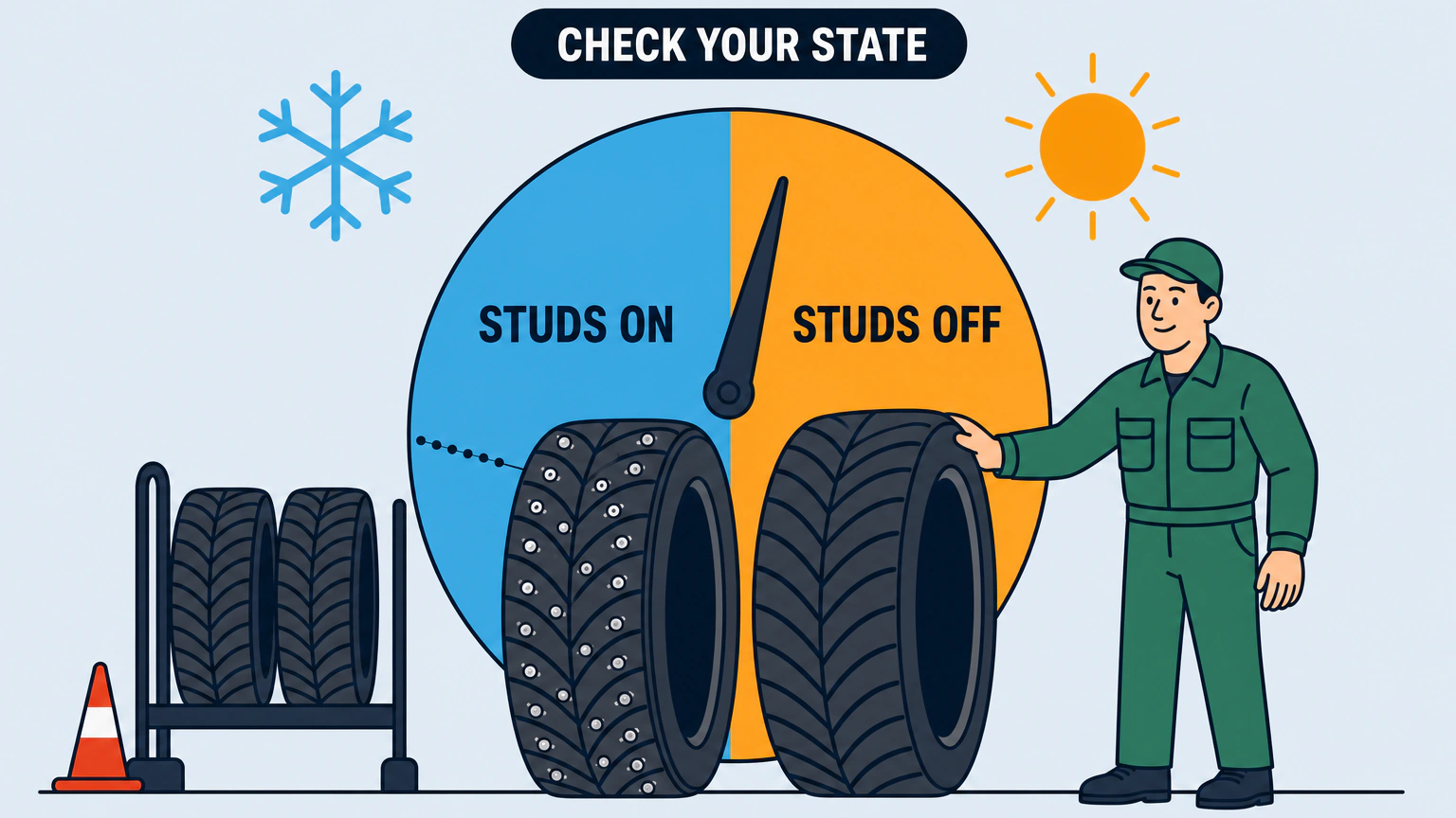 Flat illustration of a tire shop. A large split season dial labeled STUDS ON and STUDS OFF stands behind two tires, one with studs scattered through the tread and one with plain winter grooves, while a technician tilts the near tire toward the viewer beside a CHECK YOUR STATE label.