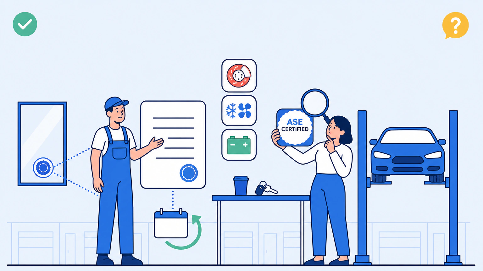 Flat illustration of a driver at a service counter holding up a technician's credential card and studying it through a magnifying glass, while a technician gestures toward a certificate panel with a seal in the corner. Dotted lines run from the round seal decal on the shop window to the technician rather than to the building, and three small chips showing a brake disc, an air conditioning fan and a battery float between the two figures.